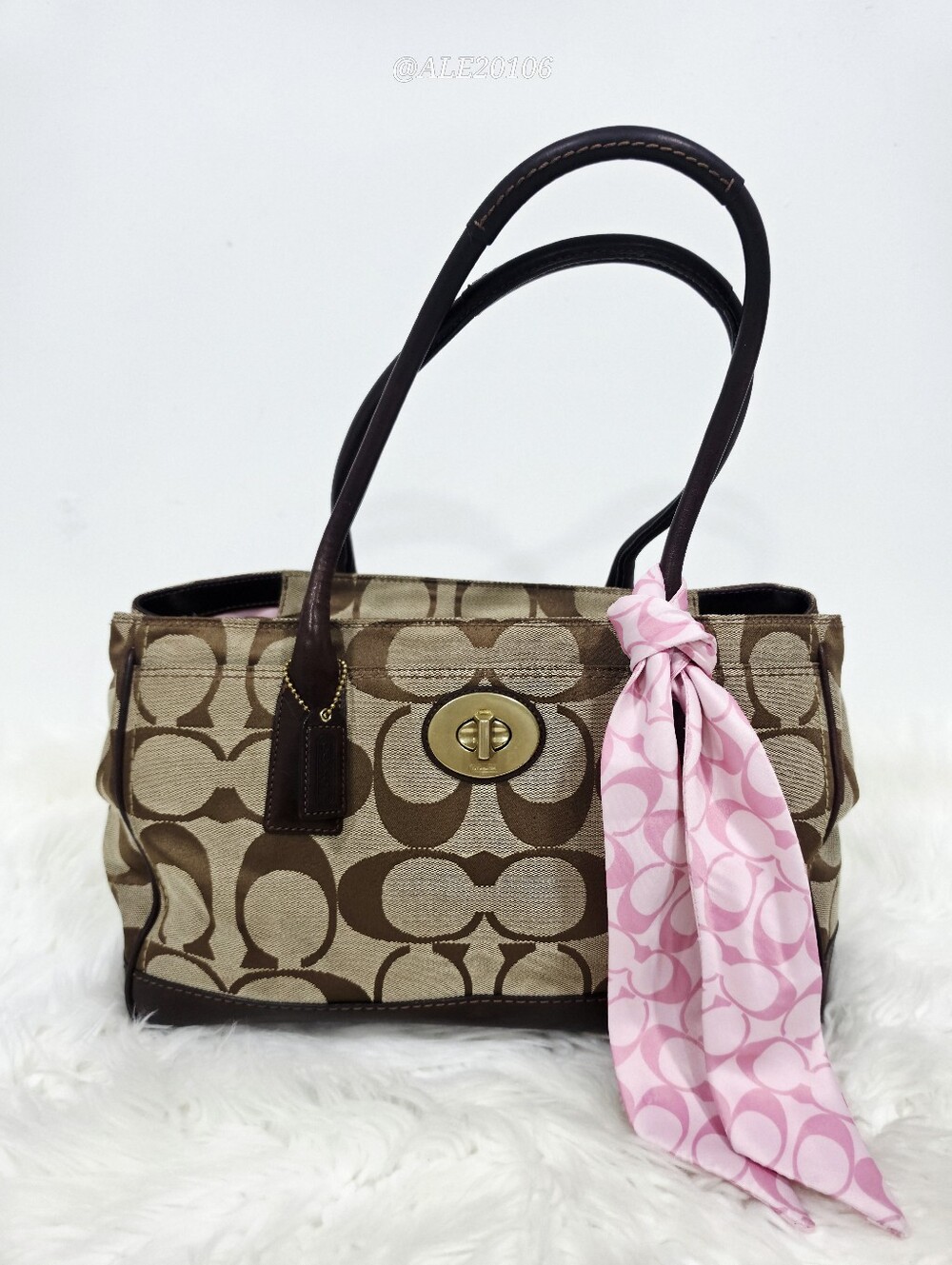 Coach Signature Jacquard Tote Bag Pink Interior Brown Canvas Shoulder Bag